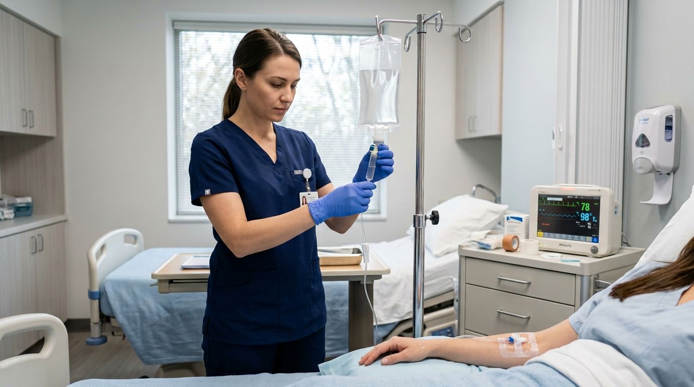 Капельница с янтарной кислотой для восстановления сил Медсестра подготавливает капельницу пациентке в процедурном кабинете